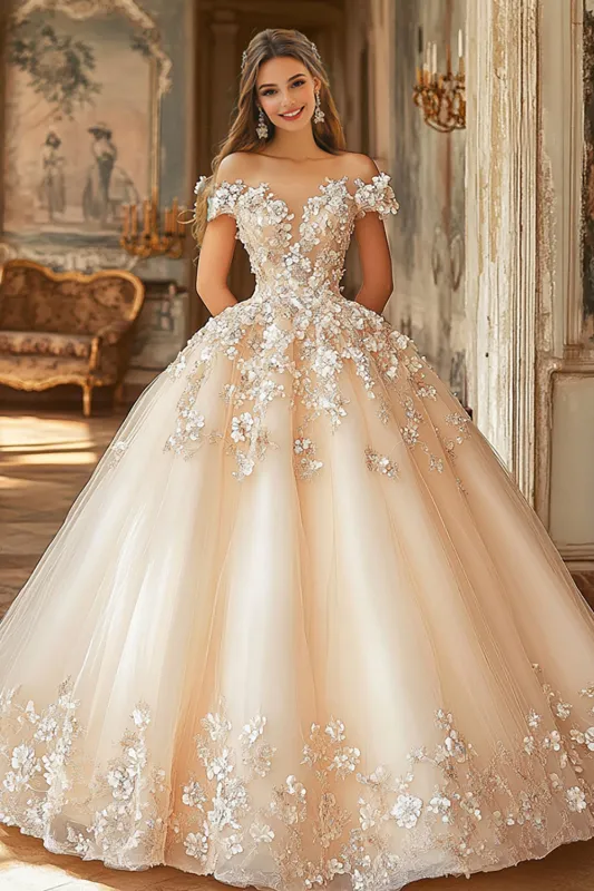 Champagne Ball Gown Off The Shoulder Appliqued Tulle Quinceanera Dress sold by Zapaka