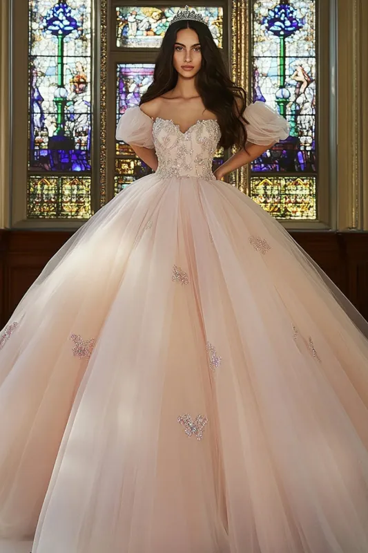 Pink Off The Shoulder Ball Gown Appliqued Tulle Quinceanera Dress sold by Zapaka