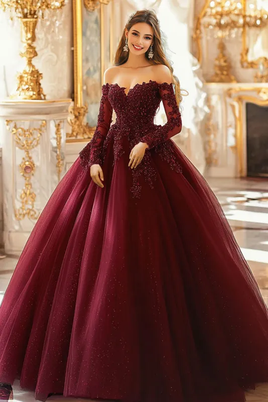 Burgundy Ball Gown Cold Shoulder Appliqued Quinceanera Dress With 3/4 Sleeves sold by Zapaka
