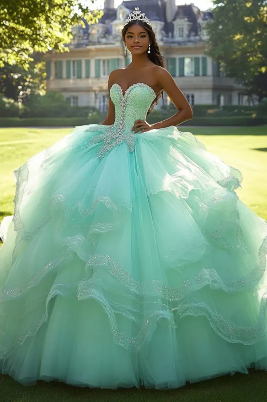 Mint Ball Gown Strapless Appliqued Tulle Quinceanera Dress sold by Zapaka