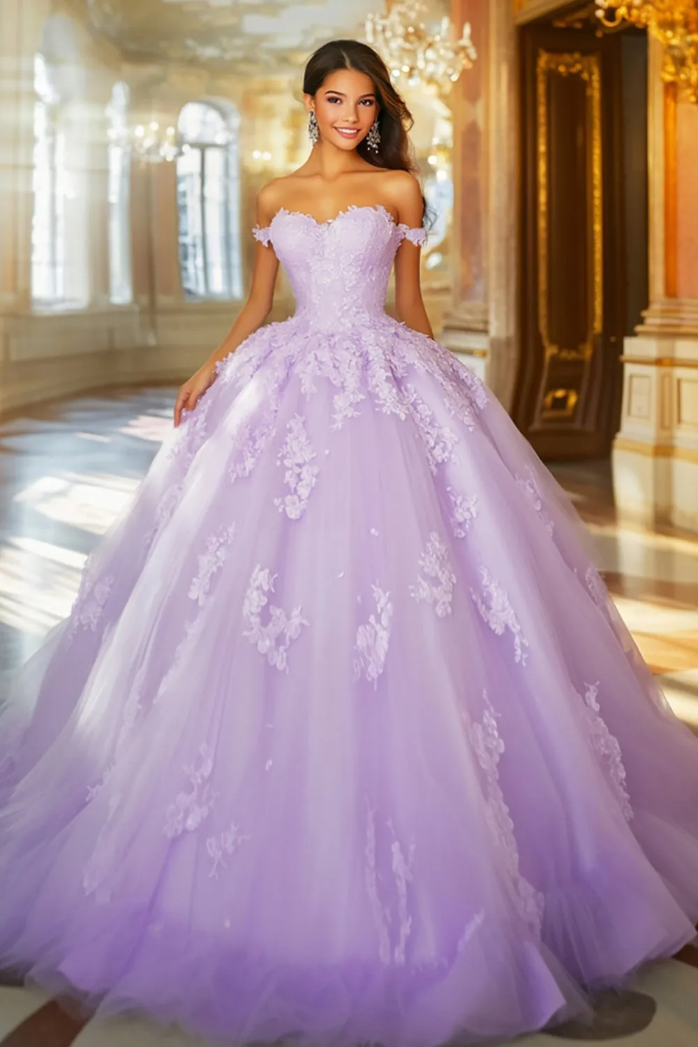 Lilac Ball Gown Off the Shoulder Appliqued Quinceanera Dress sold by Zapaka