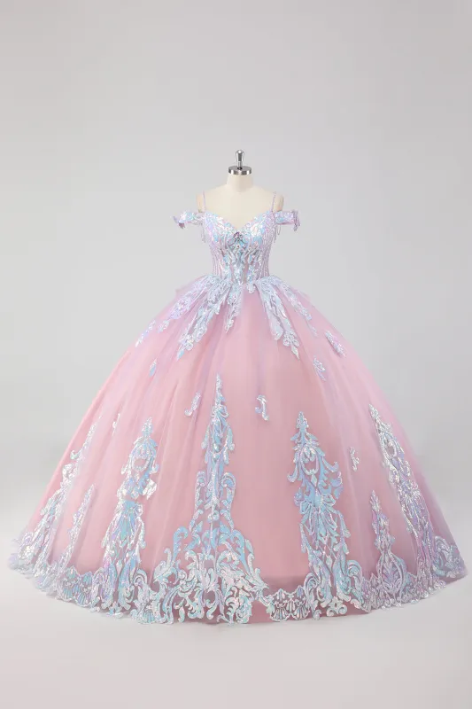 Princess Blush Pink Off the Shoulder Sequined Rhinestones Tulle Quinceanera Dress with Bow made by Zapaka