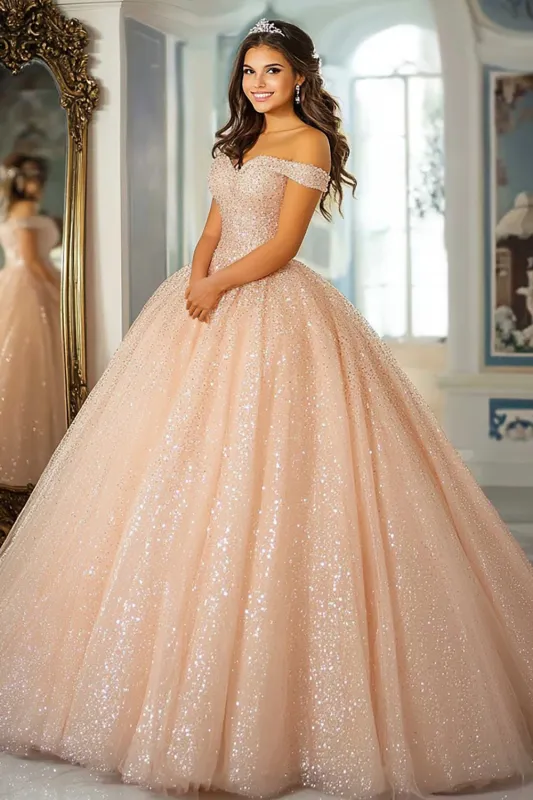 Glitter Ball Gown Champagne Off The Shoulder Lace Appliqued Quinceanera Dress sold by Zapaka