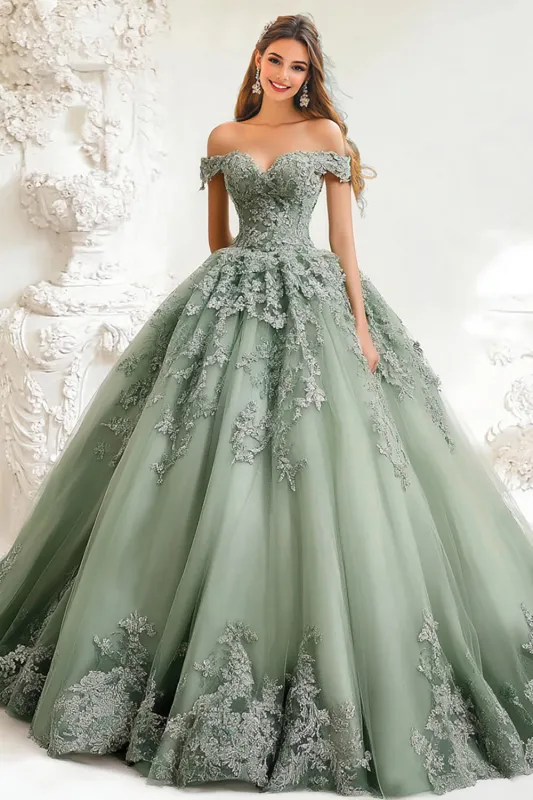 Dusty Sage Ball Gown Off The Shoulder Tulle Appliqued Quinceanera Dress sold by Zapaka