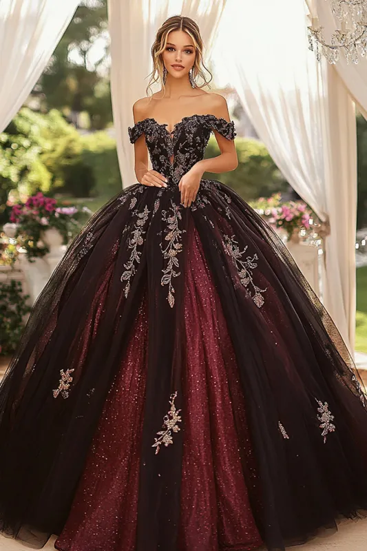 Burgundy Black Tulle Ball Gown Off the Shoulder Strapless Quinceanera Dress sold by Zapaka