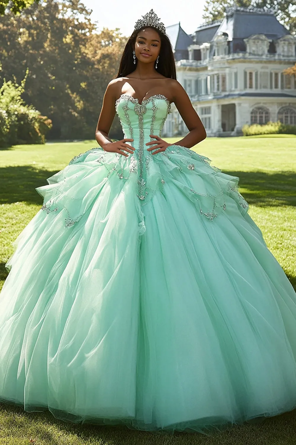 Mint Ball Gown Strapless Tulle Appliqued Quinceanera Dress sold by Zapaka
