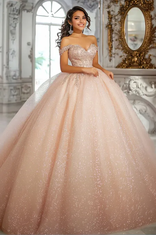 Glitter Champagne Ball Gown Off The Shoulder Appliqued Quinceanera Dress sold by Zapaka