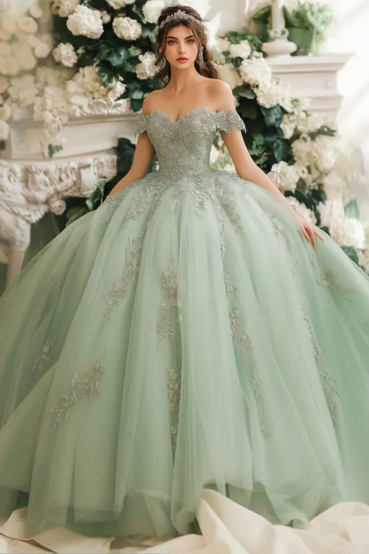 Dusty Sage Off The Shoulder Lace Appliqued Tulle Quinceanera Dress sold by Zapaka
