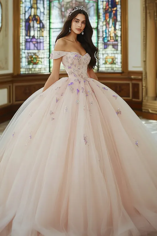Pink Ball Gown Off The Shoulder Tulle Appliqued Quinceanera Dress sold by Zapaka