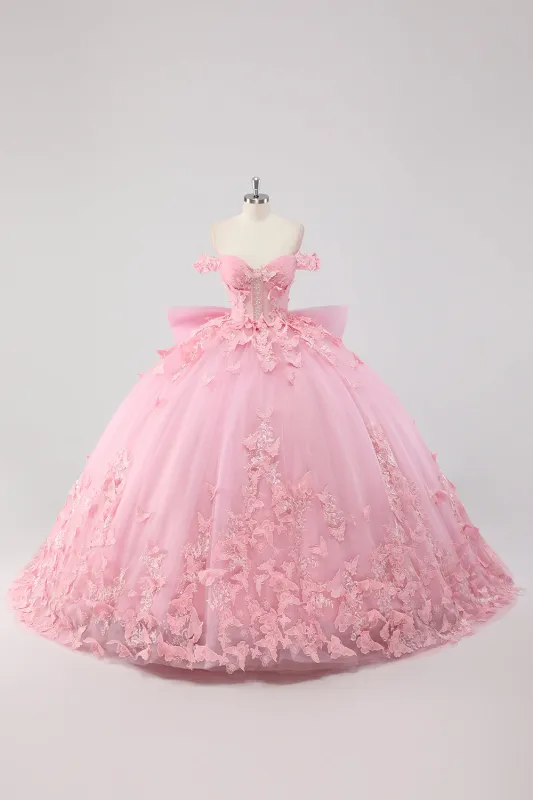 Princess Blush Pink Ball Gown Off the Shoulder Beaded Butterfly Tulle Quinceanera Dress with Bow sold by Zapaka