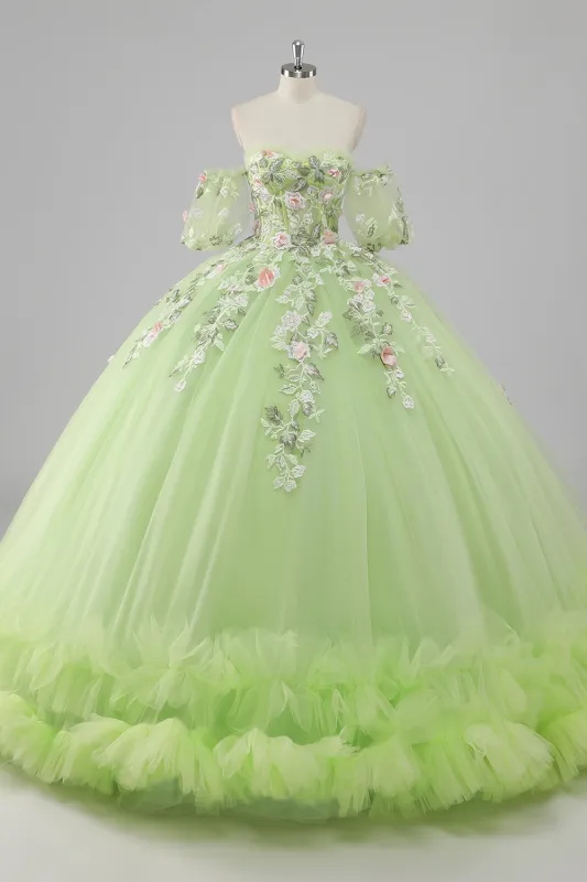 Princess Lemon Green Tulle Ball Gown Long Quinceanera Dress with Appliques sold by Zapaka