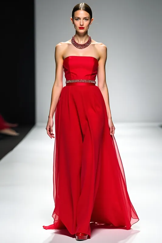 Red A Line Strapless Tulle Beaded Gala Dress made by Zapaka