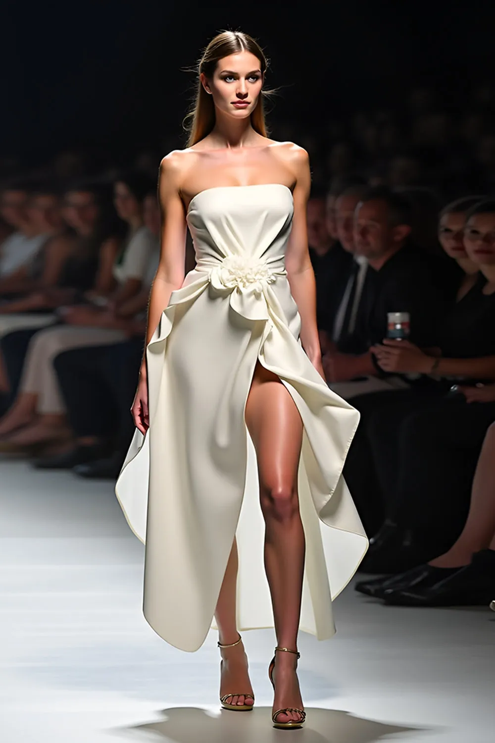 White A Line Strapless Ruched Gala Dress wirh 3D Flower sold by Zapaka