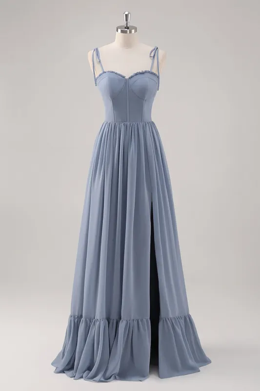 Dusty Blue A Line Corset Long Bridesmaid Dress with Slit sold by Zapaka
