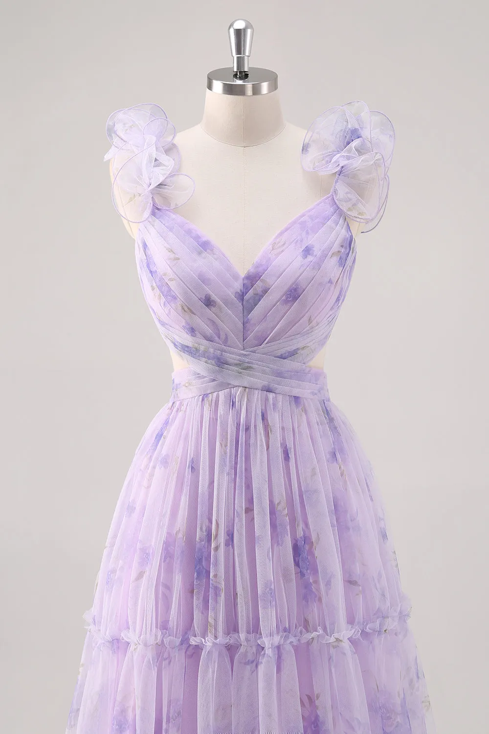 Lavender Flower A Line Cut Out Pleated Long Bridesmaid Dress sold by Zapaka product image thumbnail 4