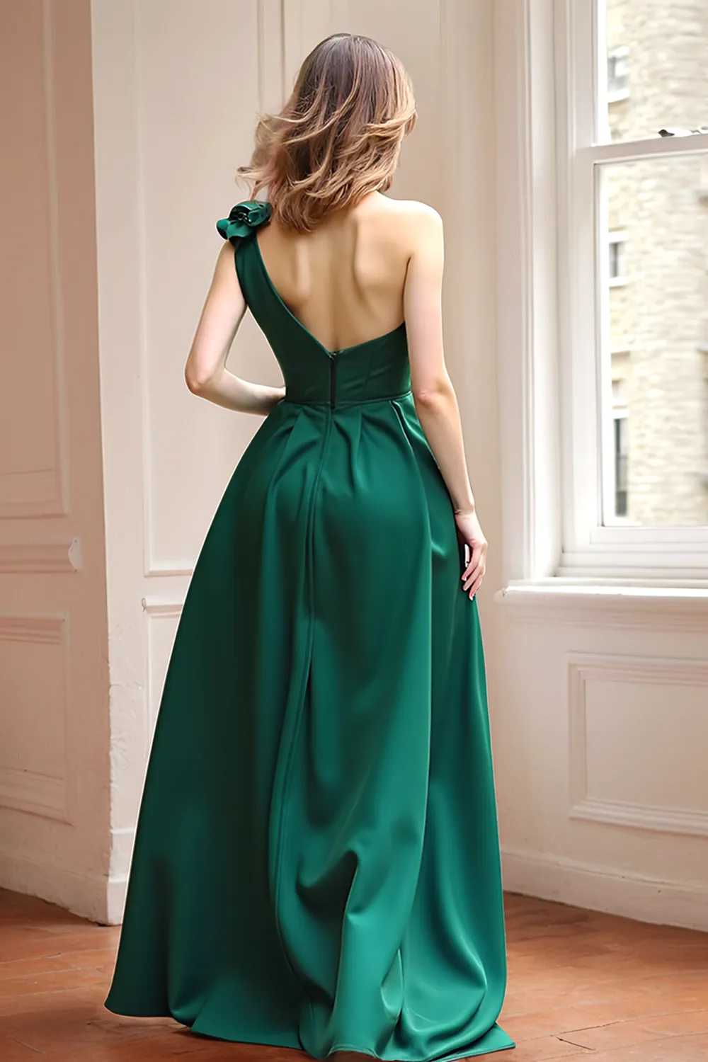 Dark Green One Shoulder A Line Long Bridesmaid Dress sold by Zapaka product image thumbnail 2