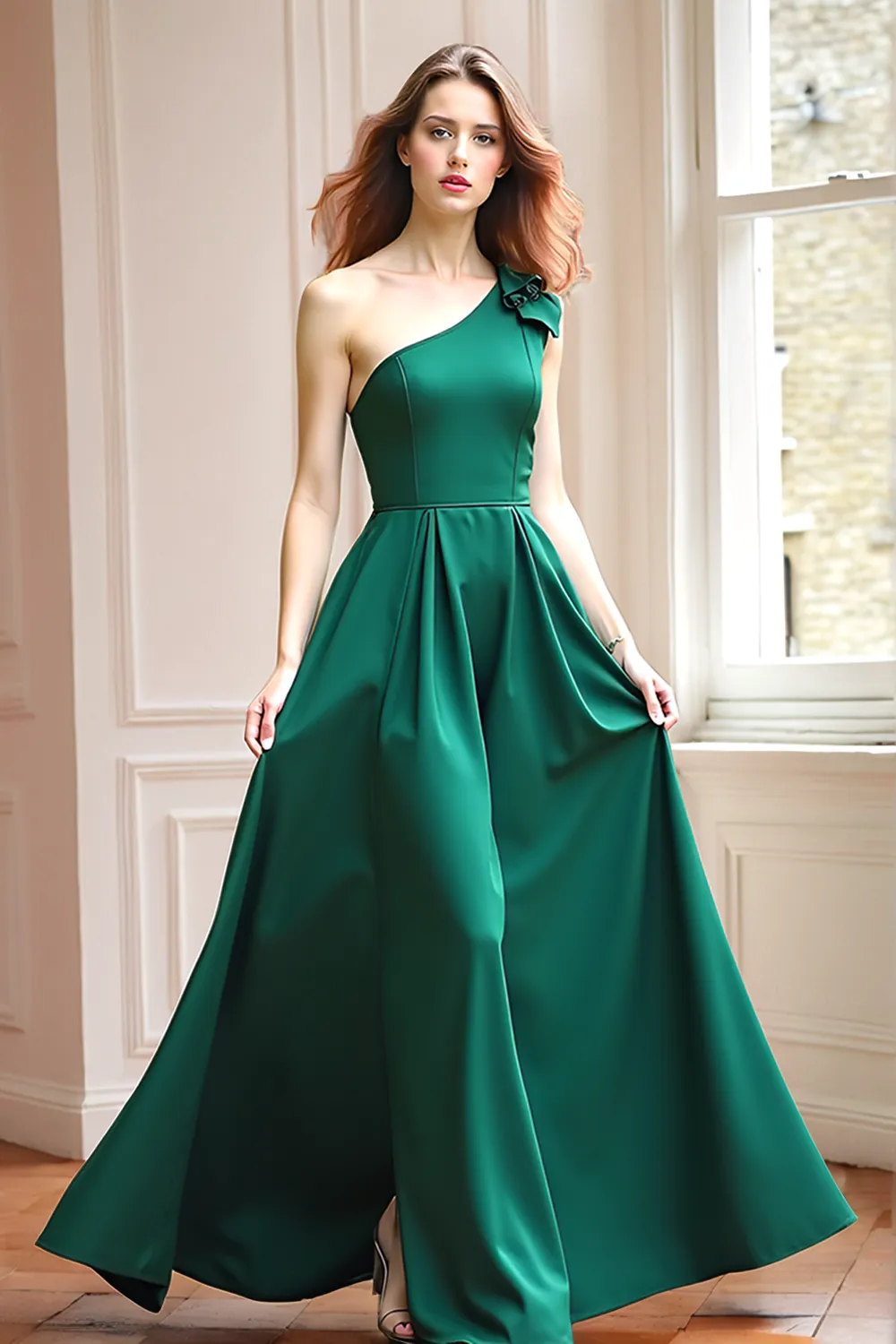 Dark Green One Shoulder A Line Long Bridesmaid Dress sold by Zapaka