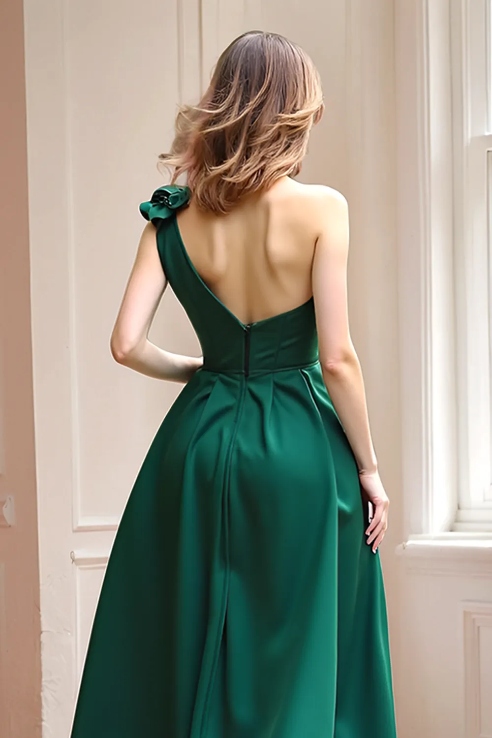 Dark Green One Shoulder A Line Long Bridesmaid Dress sold by Zapaka product image thumbnail 5