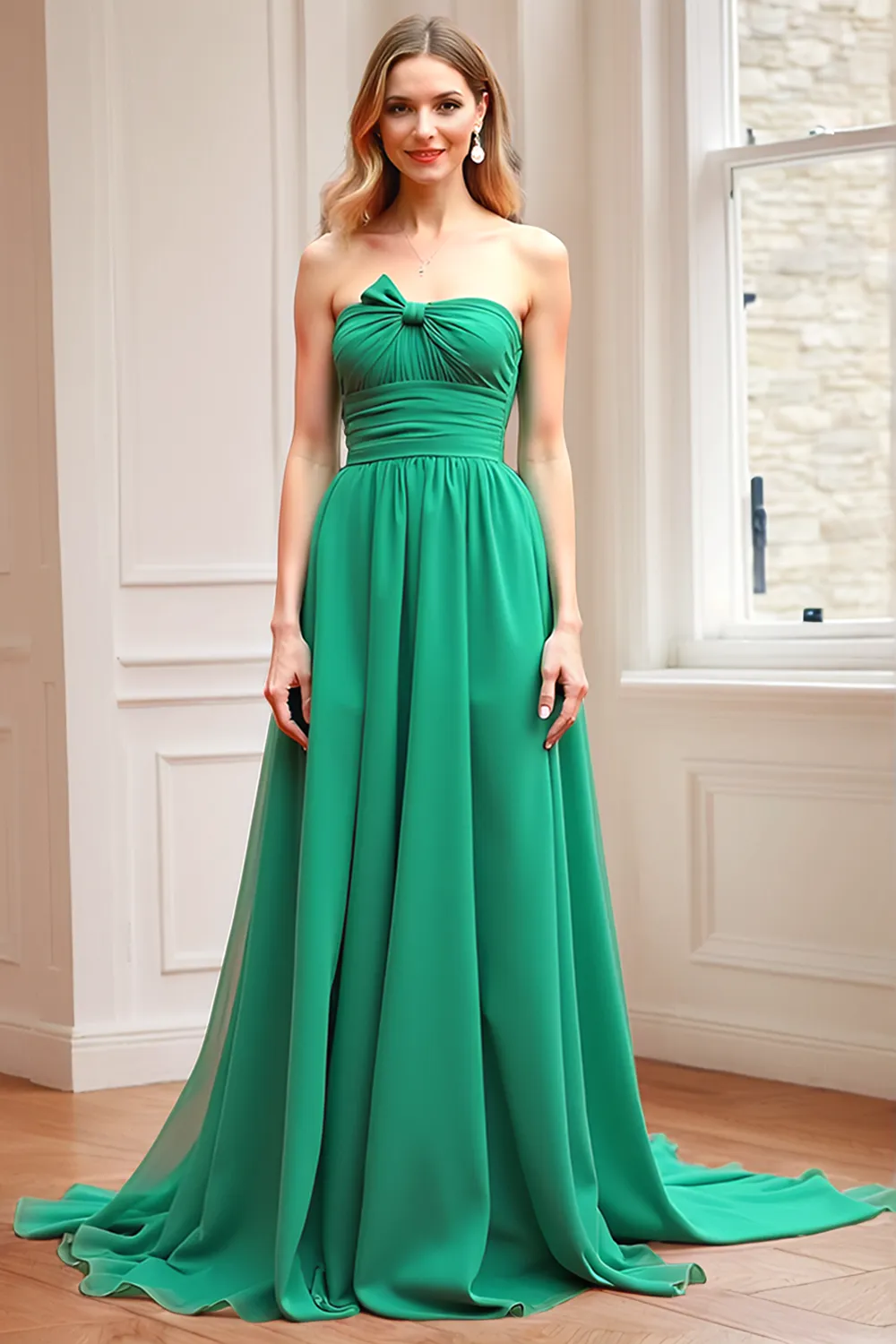 Chic Green Strapless A Line Bridesmaid Dress with Back Bow Tie sold by Zapaka