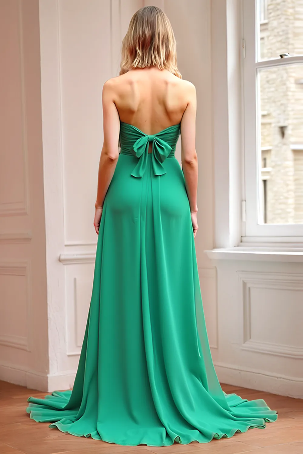 Chic Green Strapless A Line Bridesmaid Dress with Back Bow Tie sold by Zapaka product image thumbnail 2
