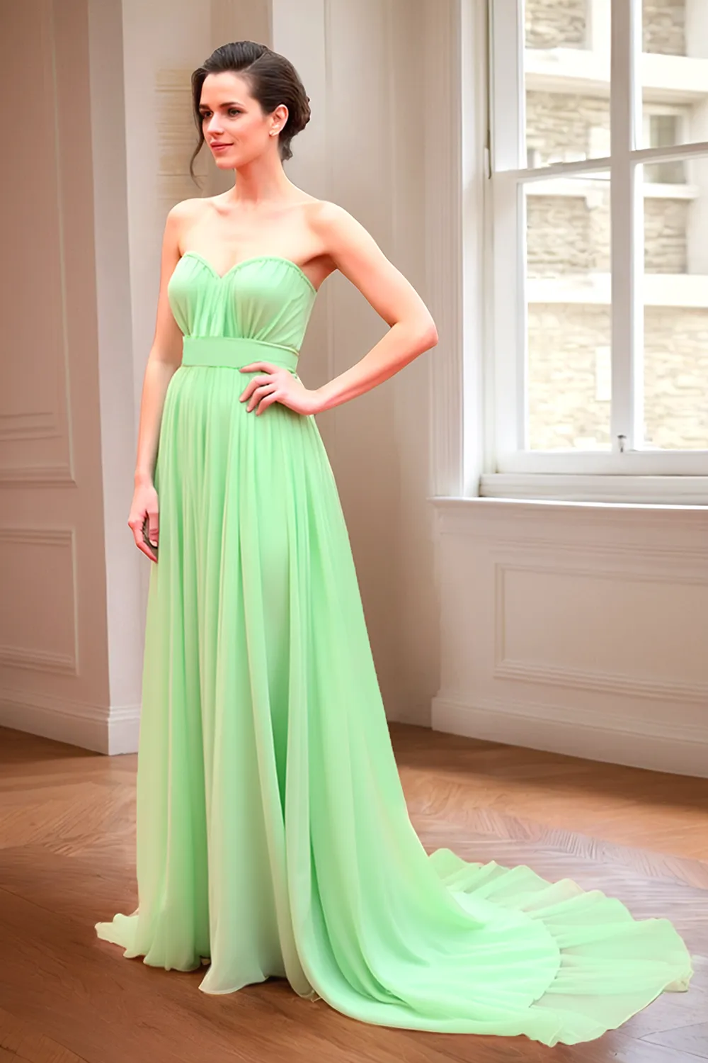 Mint A Line Chiffon Sweetheart Bridesmaid Dress with Court Train sold by Zapaka