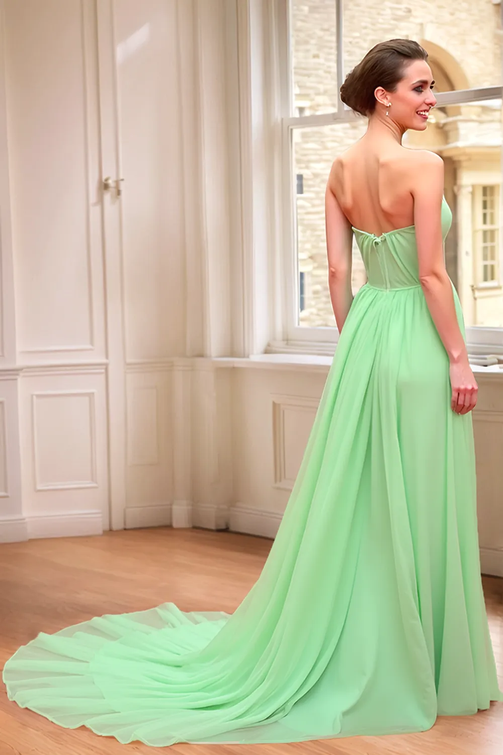 Mint A Line Chiffon Sweetheart Bridesmaid Dress with Court Train sold by Zapaka product image thumbnail 2