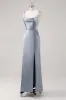Simple Sheath Grey Blue Satin Bridesmaid Dress with Slit sold by Zapaka