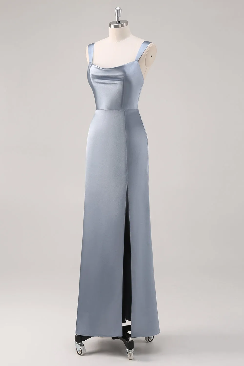 Simple Sheath Grey Blue Satin Bridesmaid Dress with Slit sold by Zapaka product image thumbnail 3