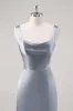 Simple Sheath Grey Blue Satin Bridesmaid Dress with Slit sold by Zapaka