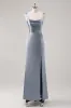 Simple Sheath Grey Blue Satin Bridesmaid Dress with Slit sold by Zapaka