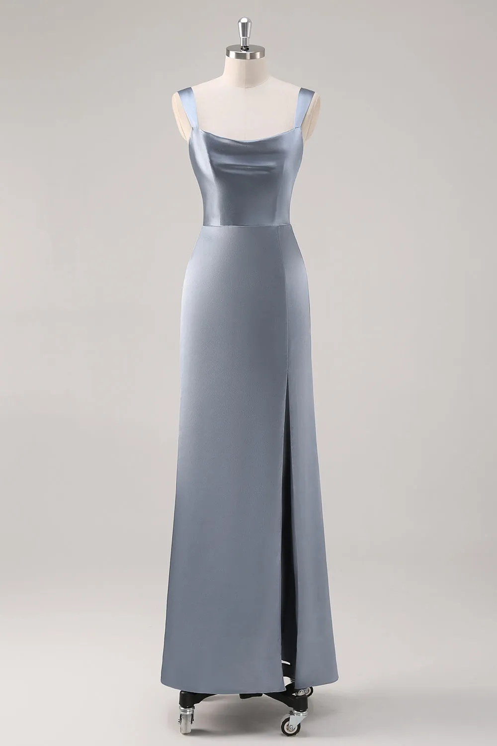 Simple Sheath Grey Blue Satin Bridesmaid Dress with Slit sold by Zapaka