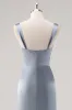 Simple Sheath Grey Blue Satin Bridesmaid Dress with Slit sold by Zapaka