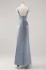 Simple Sheath Grey Blue Satin Bridesmaid Dress with Slit sold by Zapaka