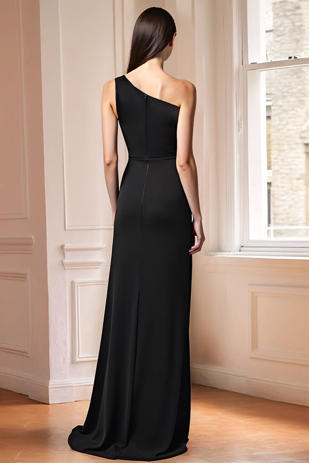 Simple Black One Shoulder Mermaid Bridesmaid Dress with Slit sold by Zapaka product image thumbnail 2