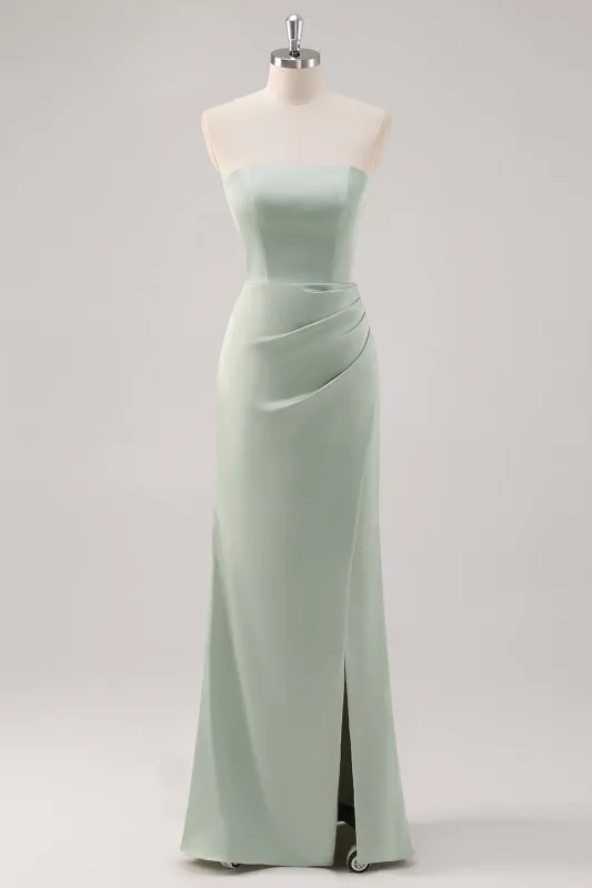 Simple Mermaid Satin Strapless Sage Green Bridesmaid Dress with Slit sold by Zapaka