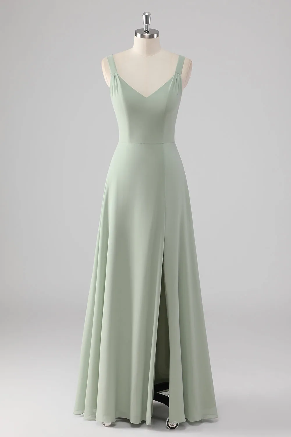 Chiffon V-Neck Sage Green A Line Bridesmaid Dress with Slit sold by Zapaka