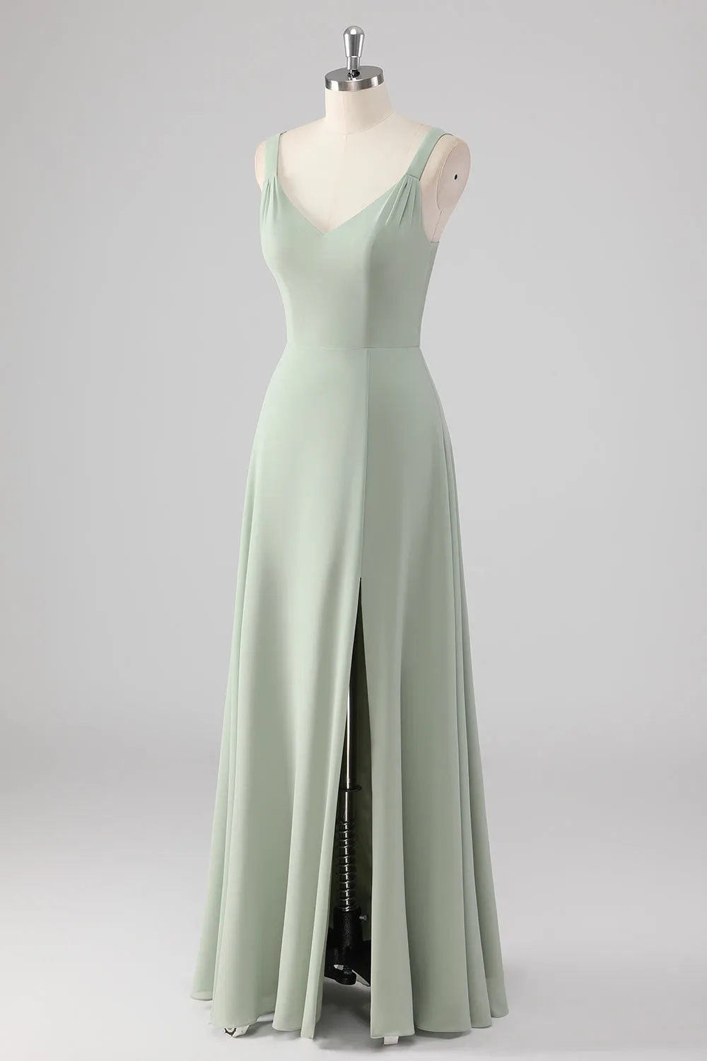 Chiffon V-Neck Sage Green A Line Bridesmaid Dress with Slit sold by Zapaka product image thumbnail 3