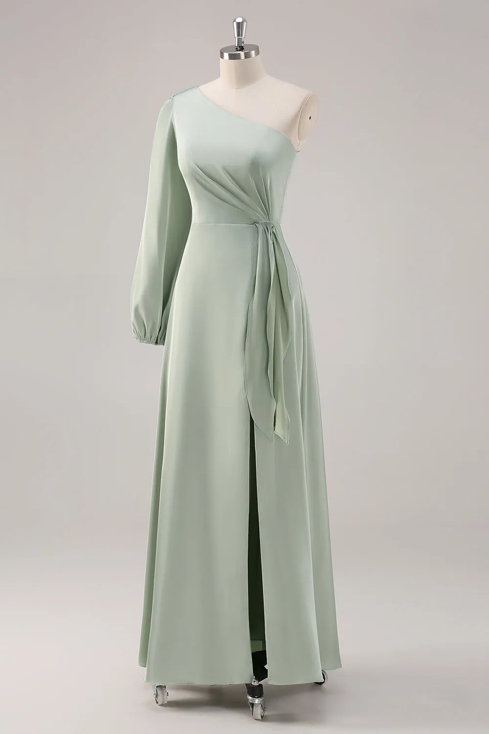 Sage Green A Line One Shoulder Bridesmaid Dress with Slit sold by Zapaka product image thumbnail 3