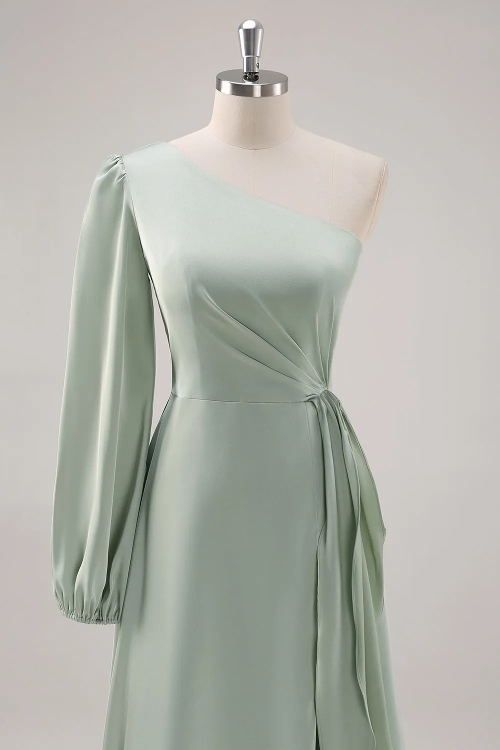Sage Green A Line One Shoulder Bridesmaid Dress with Slit sold by Zapaka product image thumbnail 4