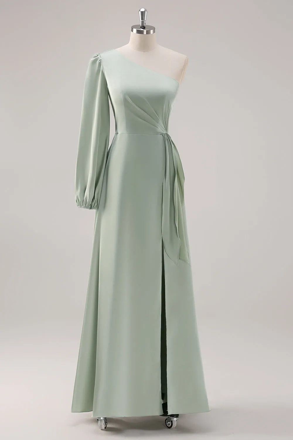 Sage Green A Line One Shoulder Bridesmaid Dress with Slit sold by Zapaka