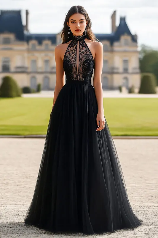Black Halter A Line Lace Tulle Prom Dress made by Zapaka