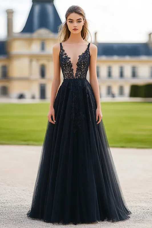 Black A Line Deep V-Neck Tulle Lace Prom Dress sold by Zapaka