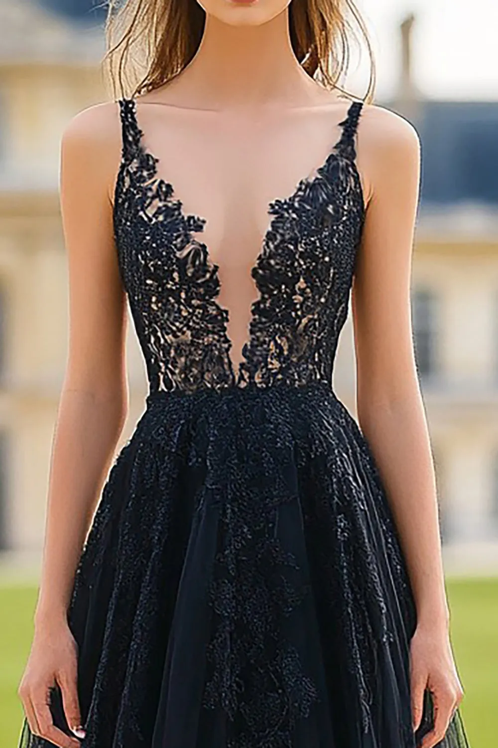 Black A Line Deep V-Neck Tulle Lace Prom Dress sold by Zapaka product image thumbnail 2