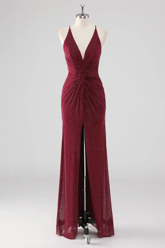 Burgundy Sheath V-Neck Pleated Beaded Backless Long Formal Dress with Slit made by Zapaka