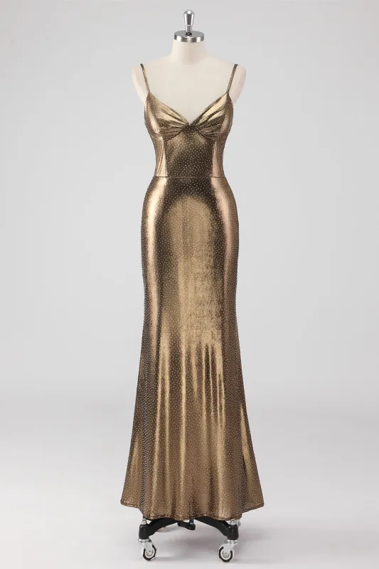 Golden Mermaid Spaghetti Straps Beaded Long Formal Dress sold by Zapaka