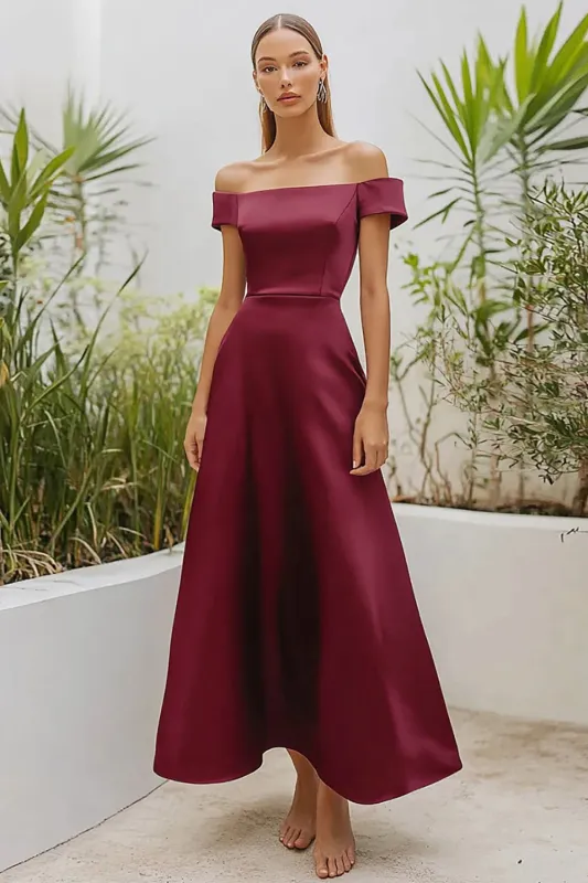 Burgundy Off the Shoulder Satin A-Line Ankle Length Formal Dress sold by Zapaka