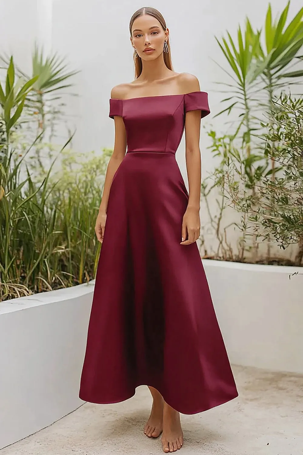 Burgundy Off the Shoulder Satin A-Line Ankle Length Formal Dress sold by Zapaka