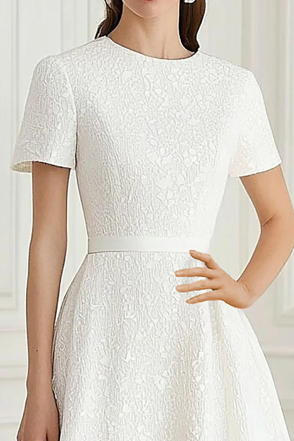 Ivory Round Neck Jacquard A-Line Midi Formal Dress with Short Sleeves sold by Zapaka product image thumbnail 2