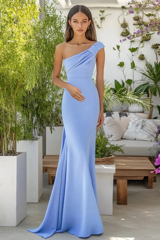 Sky Blue One Shoulder Matte Satin Mermaid Long Formal Dress sold by Zapaka
