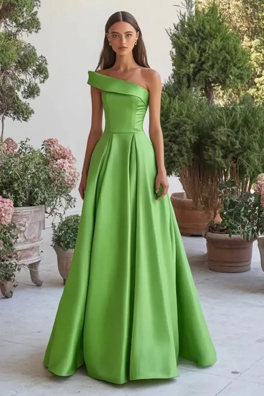 Green Satin One Shoulder A-Line Long Formal Dress sold by Zapaka